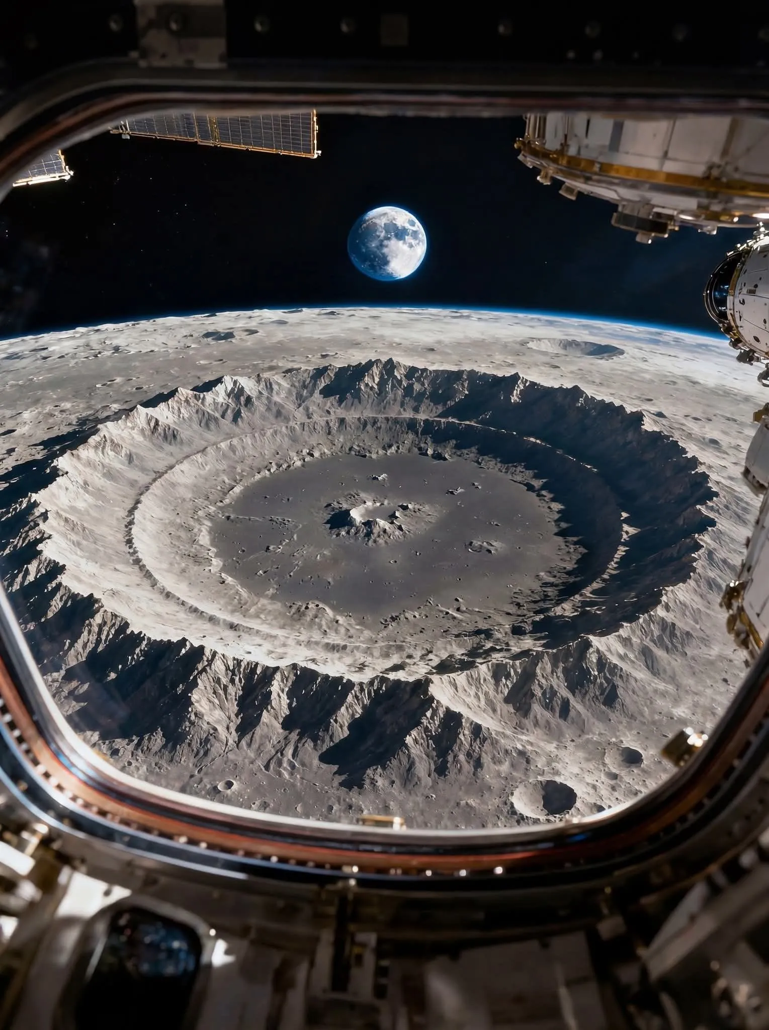 The view from a spacecraft window of a vast, heavily cratered lunar surface in the foreground, with the Moon hanging in black space beyond.