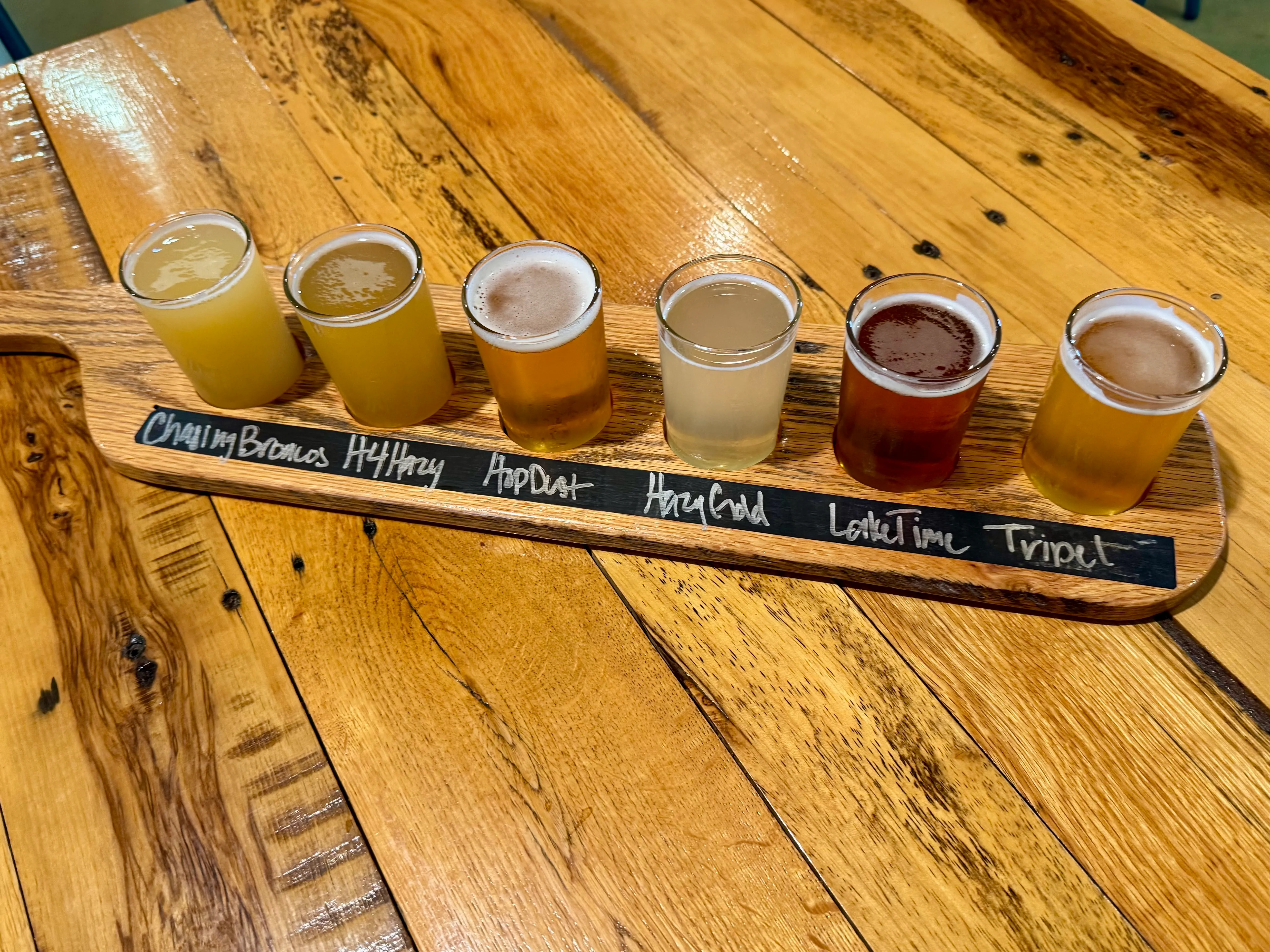 A flight of six beers ranging from hazy gold to deep amber, arranged on a labeled wooden paddle at Save The World Brewing.